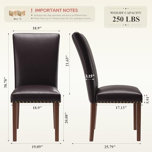 Image of COLAMY Parsons Dining Chairs Set of 4, PU Leather Dining Room Kitchen Side Chair with Nailhead Trim and Wood Legs - Dark Brown