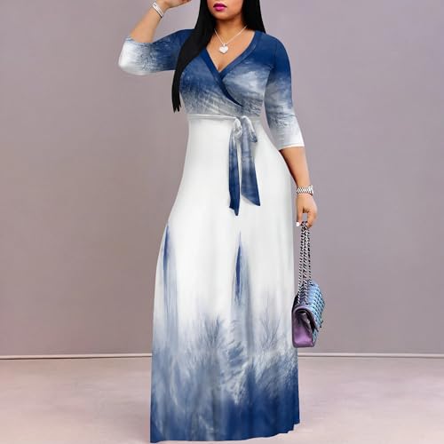 Image of PinkPatty Women's Print Maxi Dresses 3 /4 Sleeve Flowy Long Dress V Neck Wrap Tie Waist Sundress