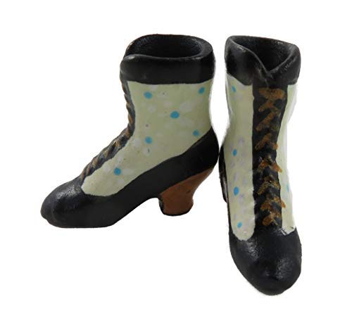 Dolls House Black Cream Victorian Boots Ladies Shoes Miniature Bedroom Accessory