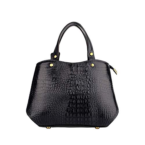 Bolsa baú pequena de couro croco Megan - Preta
