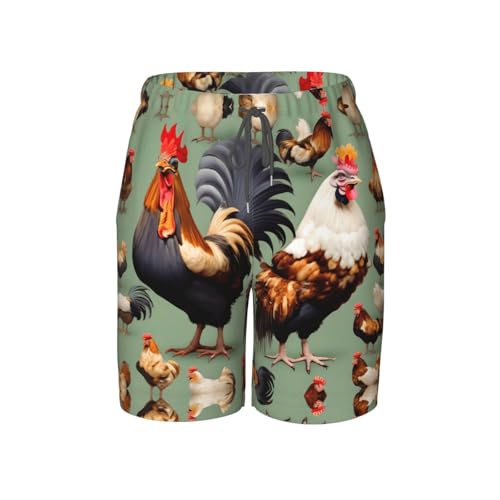 Rooster and Chicken Youth Beach Pants, Soft and Breathable, with Drawstring Waist, Suitable for Sports and Leisure.