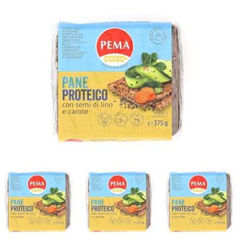 PEMA Pane Proteico, Pane Proteico a Ridotto Contenuto di Carboidrati, con Soli Ingredienti Naturali e Ricco di Fibre, 375g (Confezione da 4)