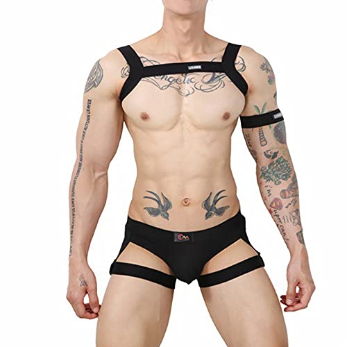 YiZYiF Homens conjunto de roupa interior de 2 peças sexy fato de lingerie com arnês para peito e tanga com bolsa aboltada para clube noite especial, Preto, M