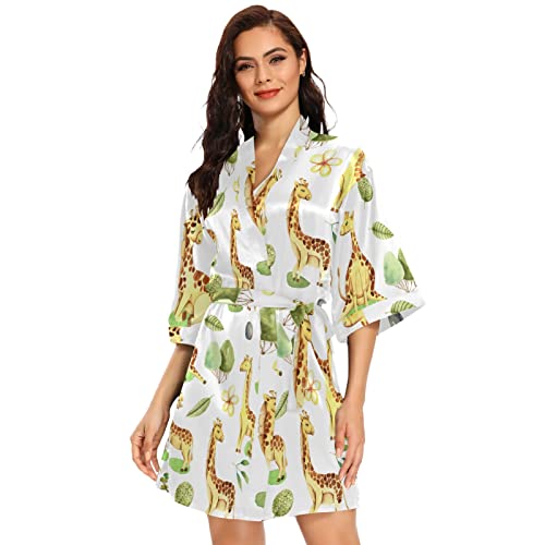 Image of KFBE Giraffe Trees Leaves Women's Bathrobe Kimono Satin Summer Robe Nightgown for Women XL (20843376)