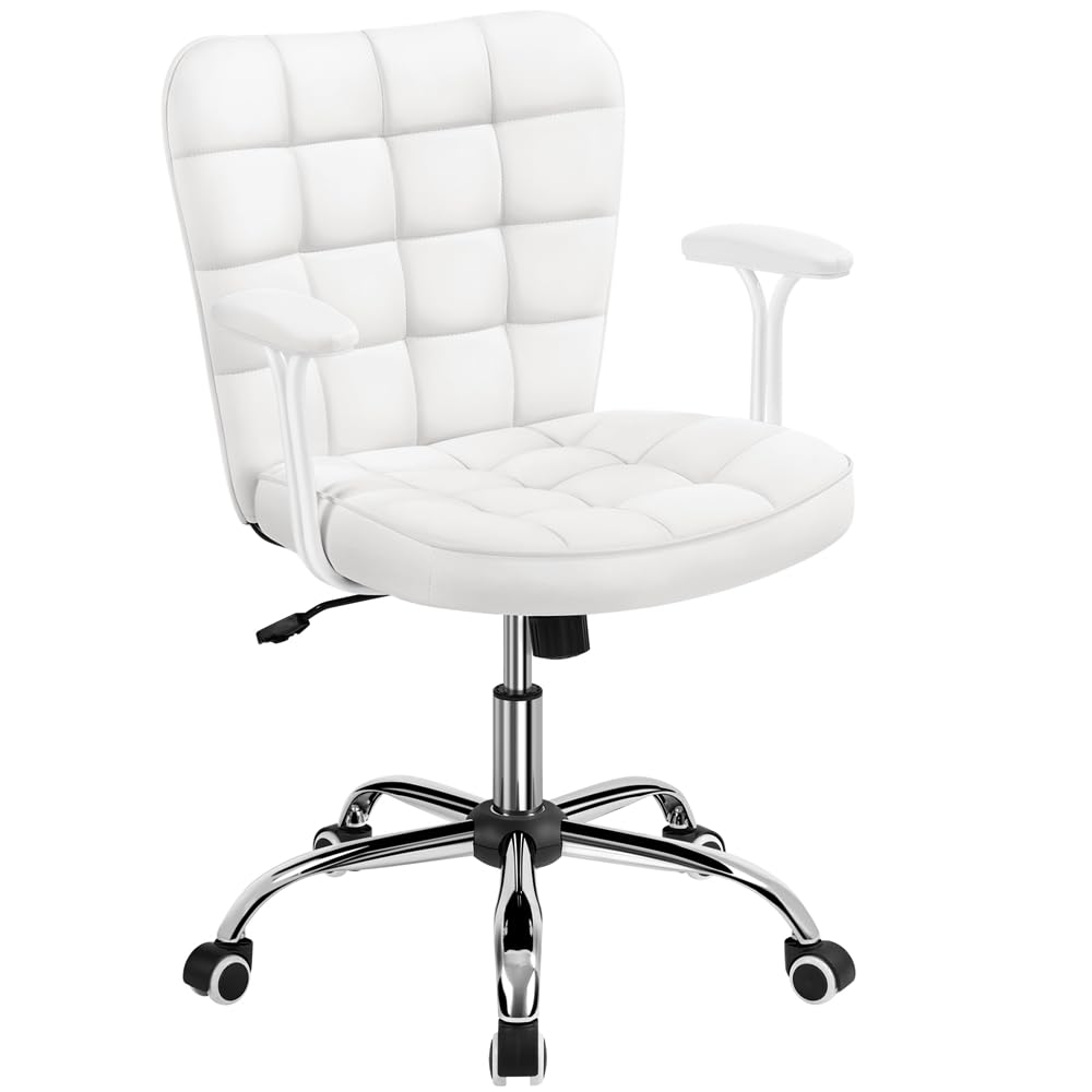 Yaheetech Silla de Oficina con Reposabrazo Silla Oficina Tapizada de Cuero PU Silla con Ruedas Silla Ergonomica Base Metal Blanca