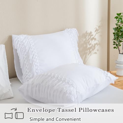 Image of Andency White Full Size Comforter Set, 3 Pieces Boho Tassel Lightweight Soft Bedding Comforter Sets, All Season Fluffy Fringe Bed Set (79x90In Comforter & 2 Pillowcases)