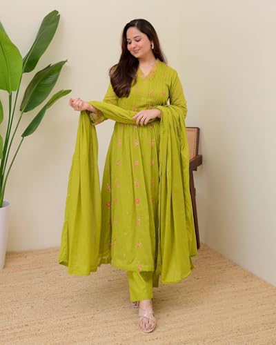 Image of KLOSIA Women Embroidery Solid Anarkali Kurta and Pant Set with Dupatta|Silk|Regular Fit
