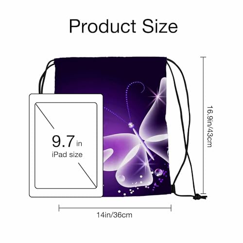 Two Butterfly Big Small Bubbles Bright Star Purple Background Drawstring Backpack Gym Backpack Draw String Shoe Swim Back Bag for Women Men 14x16.9 Inch2