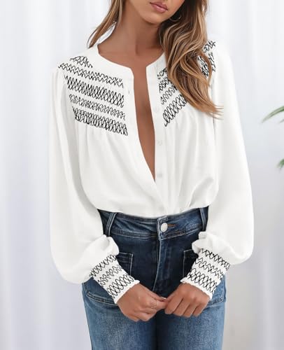 PRETTYGARDEN Womens Long Sleeve Shirts Tops 2025 Boho V Neck Smocked Oversized Button Down Blouses Fall Fashion Outfits2