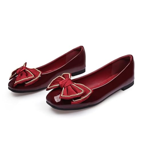 Single Shoes Women's Flat Spring New Square Head Shallow Mouth Soft Leather Versatile Shoes (Burgundy,7)