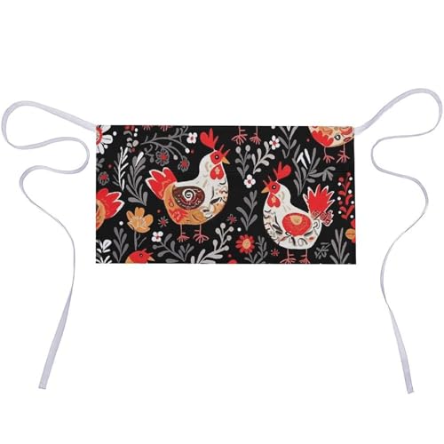 FekiLoot Cute Rooster Chickens Half Waist Apron With 3 Pockets Durable Costume Server Apron with Long Waist Strap Oxford Fabric Half-body Aprons Waterproof Cleaning Waiter Aprons for Women Men