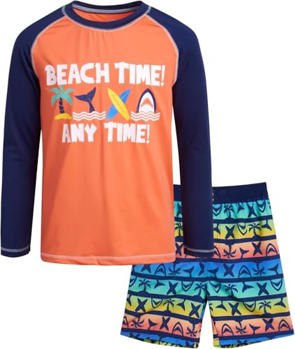Image of Quad Seven Boys 2-Piece Rash Guard Swimsuit Set Short-Sleeve (Sizes 5-12) | Lightweight Quick-Dry Fabric with Sun Protection, Matching Top & Trunks, Adjustable Drawstring Waist for Pool or Beach Days