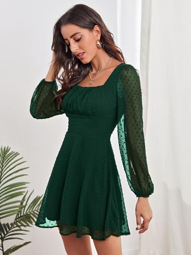 Image of Women's Polka Swiss Dots Square Neck Dress Lantern Long Sleeve Dress for Women Chiffon Mini Dress