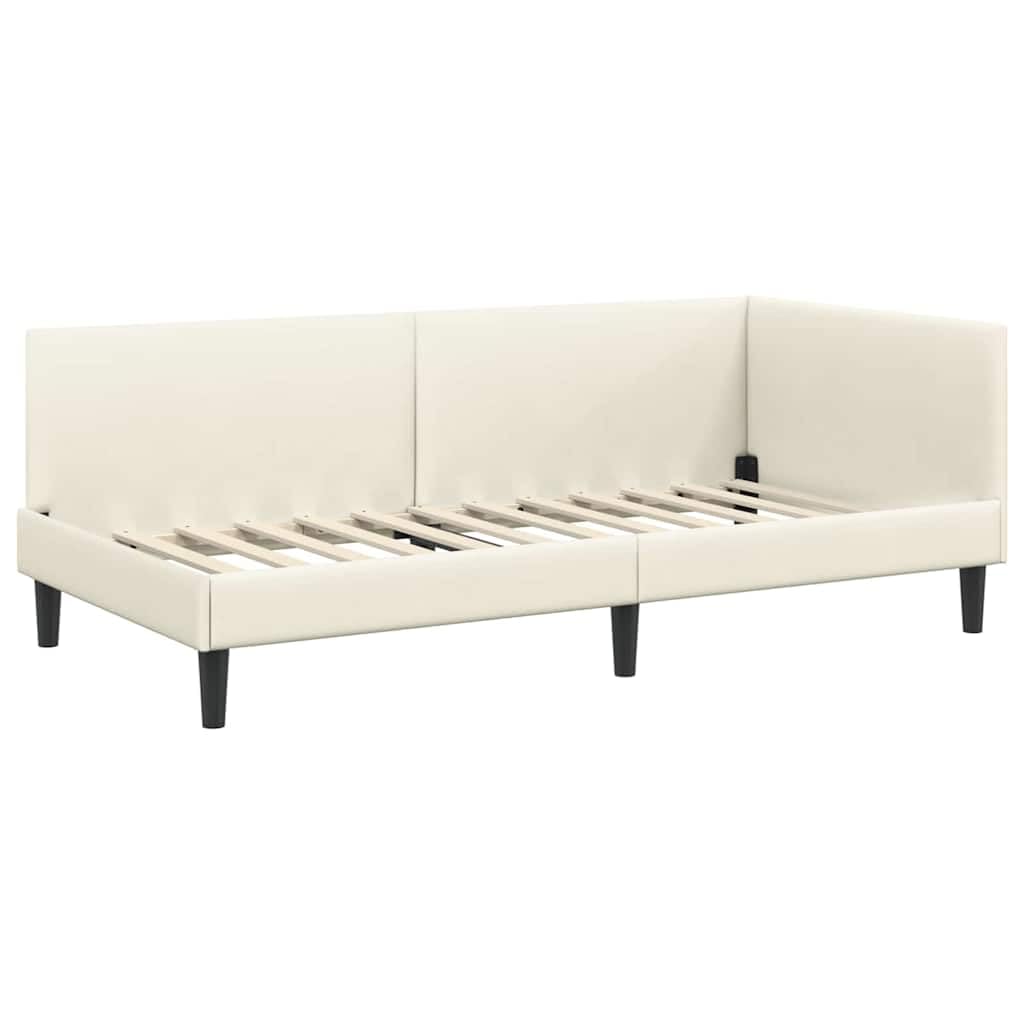 Telaio per letto angolare con testiera color crema, 100 x 200 cm, a forma di L, salvaspazio come divano o letto, design moderno, robusto telaio in legno per camera dei ragazzi, camera degli