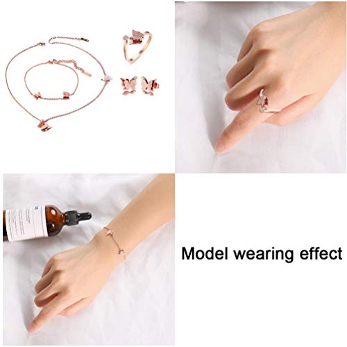 Cupimatch Butterfly Bracelet Ring Earrings Necklace Set, 18k Rose Gold Plated Love Jewelry Gift Set for Women Girls (Necklace Bracelet Earrings Ring Set) - Image 6