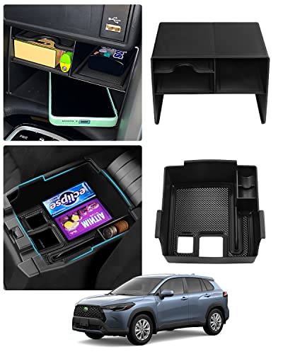 Karltys 2PCS Center Console Organizer Tray for 2022-2025 Toyota Corolla Cross L/Hybrid S, Corolla Cross Accessories Middle Console Tray Armrest Storage Box Non-Slip Mat (Not for Qi Wireless Charger)