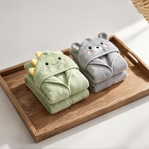 Image of Baby Hooded Towels,31 x 31 in Baby Washcloths, Infant Super Soft Baby Bath Towels with Hood for Toddlers1-3 (Green Dinosaur + Gray Bear)