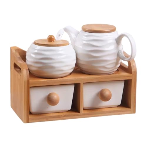 Juego de estante de especias montado en la pared, organizador de especias de madera de 2 niveles con cajón y cuchara, soporte para condimentos de cocina para un fácil acceso y almacenamiento ordenado