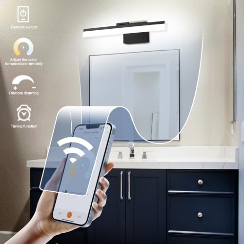 Image of SOLFART 18 Inch Adjustable LED Vanity Lights Bathroom Lights Over Mirror Black Vanity Light Bathroom Light Fixtures Over Mirror APP Control