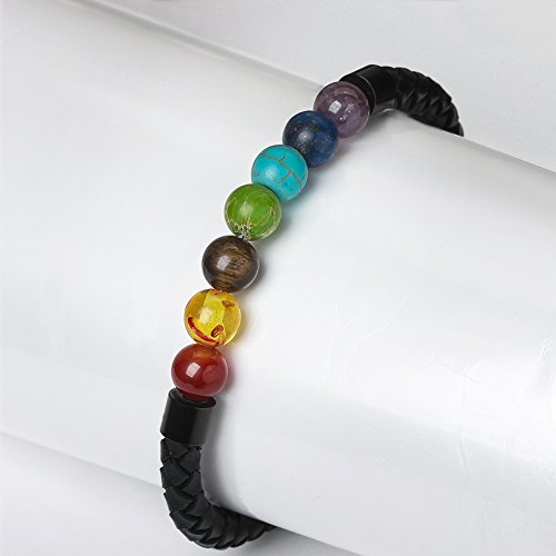 Ckysee 7 Chakra Real Stone Healing Bracelet Genuine Leather Braided With Magnetic Clasp Mens Best Gift Jewelry 8.5" #TOP4