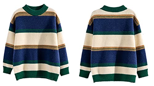 Boys' Pullover Sweater, Round Neck Winter Stripe Sweater, Warm Loose Sweater, Suitable for Boys with A Height of 120-170 Cm (Color : Green, Size : 150cm)3