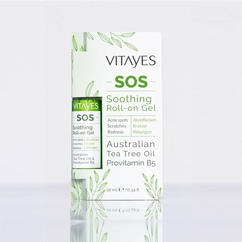 Vitayes SOS Rolo de óleo da árvore do chá, vitamina B5, contra manchas de acne, riscos, inflamações da pele, esferográfica roll-on calmante, espinhas, pele impura, vegan, reparador, contra