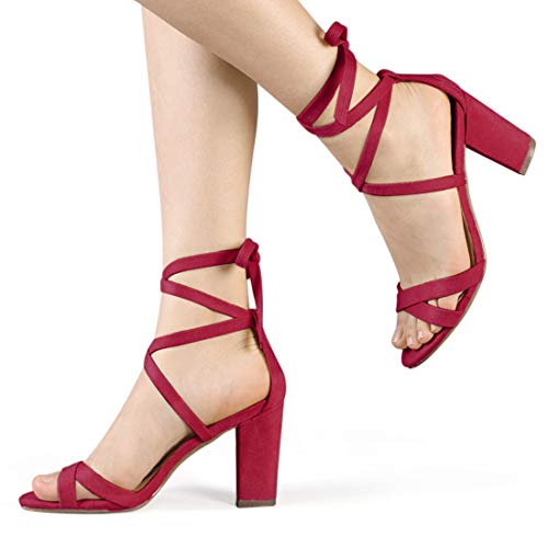Allegra K Allegra K Women Open Toe Lace-Up High Block Red Heeled Sandals 5.5 M US