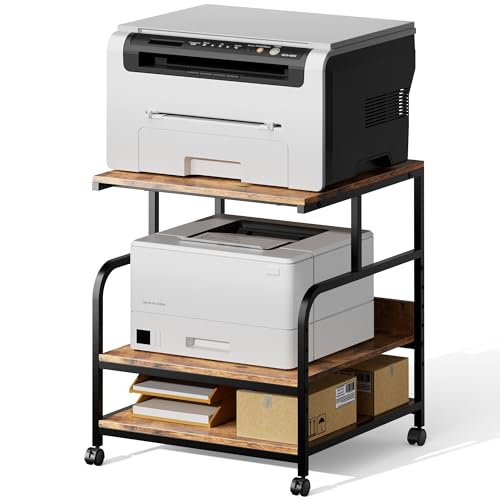 Image of Warmiehomy 24x24 inches Printer Stand with Adjustable Storage Shelf - Large Printer Table with Wheels - 3 Tier Rolling Cart - Use for 3D Laser Printer Mini Fridge Home Office (Brown)