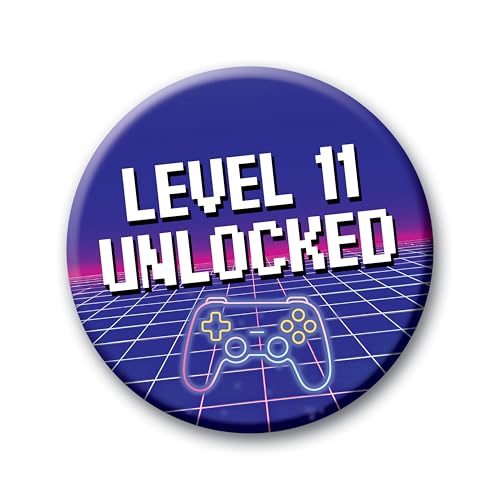 11th Birthday Badge – 76mm Level 11 Unlocked Pin Badge Button Video Game Birthday Gift for Boys