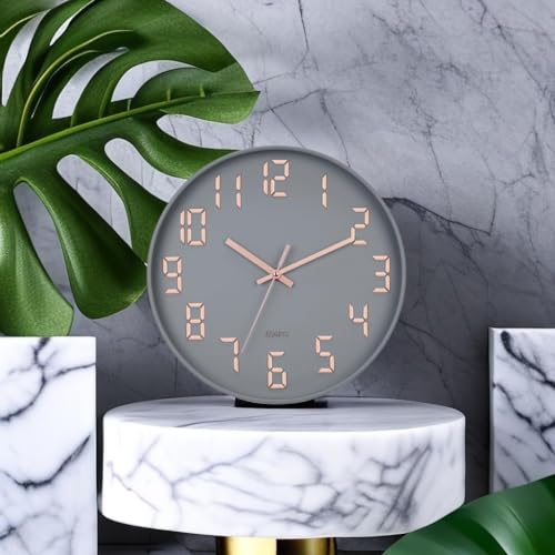 Image of SKYTONE Wall Clock 12 inch Silent Quartz Decorative Wall Clock Non-Ticking Classic Clock Round Easy to Read for Living Room, Bathroom, Kitchen, Office, School (Grey)