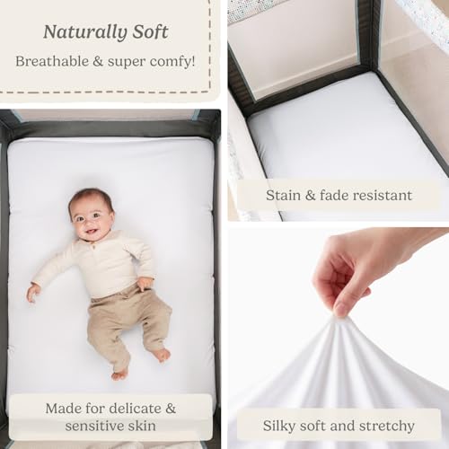 Image of Pack N Play Sheets Fitted for Graco Pack and Play Mattress - 2-Pack Mini Crib Sheets 38x26 - Ultra Soft Organic Cotton Blend, Safe Snug Baby Playpen Sheet Baby Boys & Girls (Moonlit White)