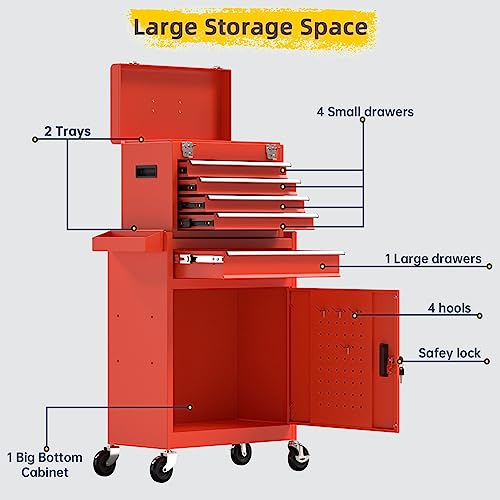 Dusacom 5-Drawer 2 In 1 Craftmen Tool Box With Wheels, Extra Big Tool Chest Organizers,Lockable Tool Box Tool Storage Cabine With Drawers And Wheels For Workshop Garage And Warehouse (Red) #TOP2