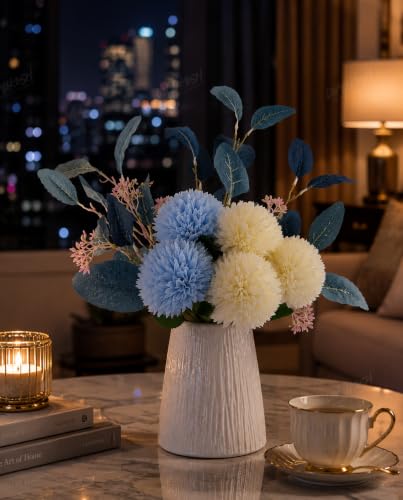 Image of Divyakosh Artificial Chrysanthemum Flower Bouquet, 5 Flowers with Foliage, Blue & White Pom Pom Floral Arrangement, Decorative Artificial Flowers for Living Room, Office & Home Decor