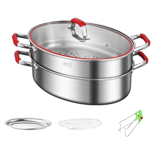 Fish Poacher, Professional Steamer Stainless Steel Pot Pan, Oval Shape 38cm, Multifunction Kitchen Tool Universal for Induction Cooker, Stove (Double Layer)