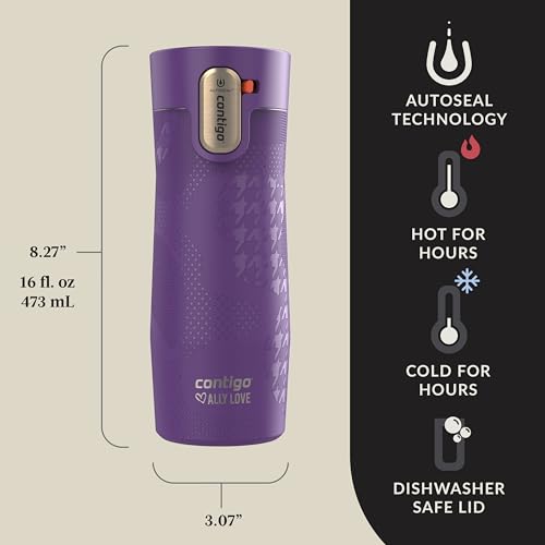Image of Contigo x Ally Love Stainless Steel Vacuum-Insulated Travel Mug with Autoseal and Easy Clean Lid, Spill-proof, Keeps Drinks cold 24 hrs & hot for 11 hrs, BPA Free, 16oz., West Loop 3.0, Violet