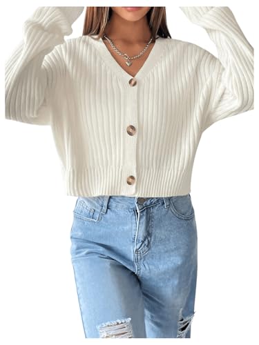 Image of SHENHE Women's Ribbed Knit V Neck Button Down Long Sleeve Drop Shoulder Cardigan Sweater