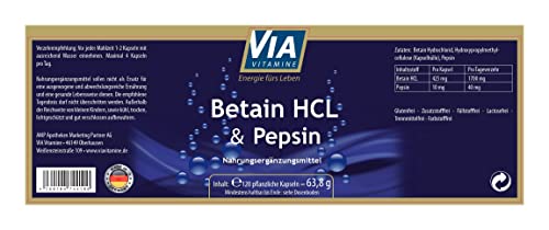 Mittel gegen Sodbrennen Betain HCL und Pepsin in 120 Kapseln