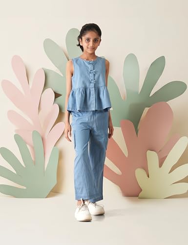 Image of Amazon Brand - Symbol Girl's Solid Denim Relaxed Fit Woven Crop Top