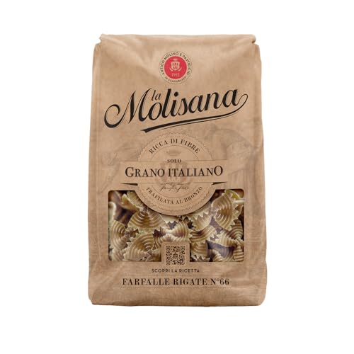 La Molisana, Farfalle Rigate Integrali n. 66, Pasta Integrale da Solo Grano Italiano - Trafilata al Bronzo, Ricca di Fibre, Ruvida e Tenace con Eccellente Tenuta in Cottura - Confezione da 500g