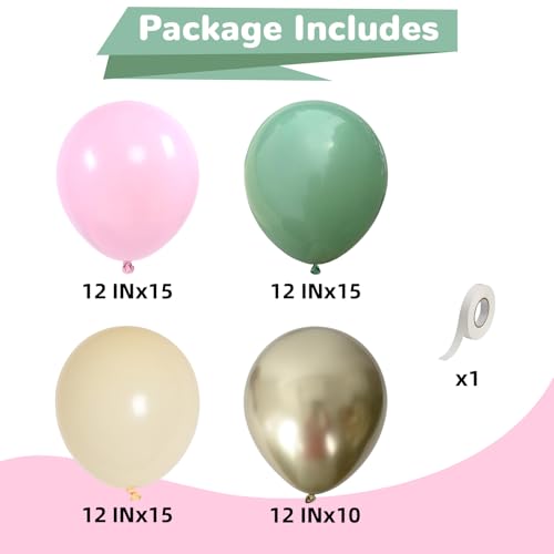 Image of HILAVO Sage Green Pink Balloons 12 Inch Olive Green Pastel Pink Ivory Metallic Gold Latex Balloon for Boho Baby in Bloom Fairy Floral Wildflower Tea Safari Jungle Baby Shower Birthday Party Decoration