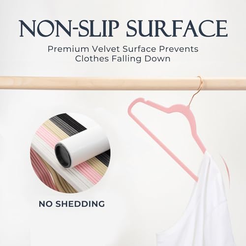 Image of HOUSE DAY Pink Velvet Hangers 360 Pack, Premium Non-Slip Felt Clothes, Sturdy Heavy Duty Coat, Durable Hangers for Suits, Space Saving with No Hanger Mark, 360 Swivel Rotating Rose Gold Hook