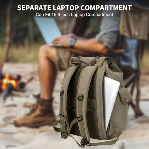Image of WITZMAN Canvas Backpack for Men Vintage Rucksack Fits 15.6 inch Laptop | Drawstring Backpack, Travel High Capacity Casual Daypack with USB Charging Port, For Vacation, Overnight Trip, A8004 Green