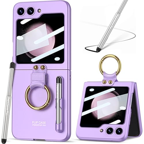LIULANZ for Samsung Galaxy Z Flip 5 Case with S Pen and Ring,Ultra Thin Matte Leather Anti-Drop Phone Cover with Camera Screen Protector for Samsung Galaxy Z Flip 5 5G (ZFlip5-Purple)