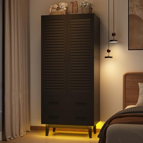 2-Door-Armoire-Wardrobe-Closet-Cabinet-with-Drawers-and-LED-Lights-Multi-Tier-Shelves-Hanging-Rod-2-Louver-Doors-Large-Capacity-Storage-Wardrobe-Armoire-for-Bedroom2-Doors-Black 2 Door Armoire Wardrobe Closet Cabinet with Drawers and LED Lights Multi Tier Shelves Hanging Rod 2 Louver Doors Large Capacity Storage Wardrobe Armoire for Bedroom2 Doors Black