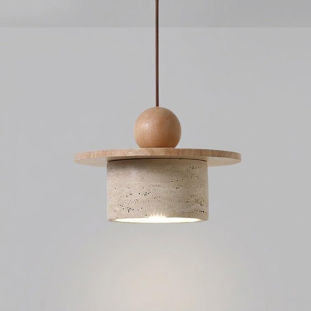COSRUB Travertine Stone Pendant Light, Cream Cylinder Hanging Lamp with Wood Accent Japanese Small Adjustable Chandelier for Bedside Reading Nook Kitchen Island(Wood)