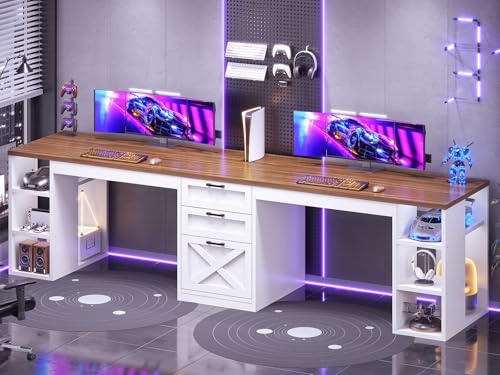 SEDETA Farmhouse 96.5" Computer Desk with Drawers, 2 Person Home Office Desk, Gaming Double Desk with Storage Shelves, Long Two Person Writing Desk (White and Brown) - Image 4