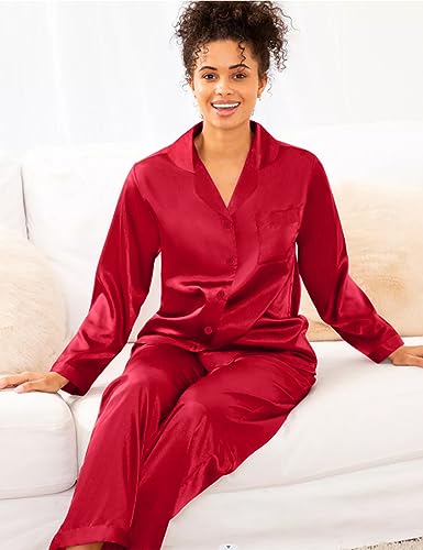 Image of SWOMOG Long Sleeve Pajamas Set Silk Satin Sleepwear Button Down Pjs Loungewear with Pocket