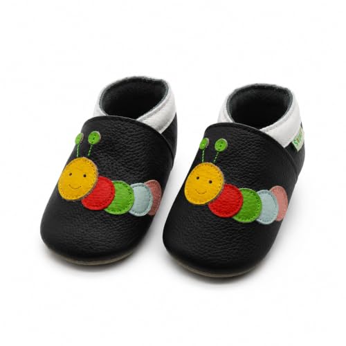 SAYOYO Weiche Leder Krabbelschuhe Baby Lauflernschuhe Jungen rutschfeste Babyhausschuhe Mädchen Kleinkind Lederschuhe 6-12 Monate Schwarz Caterpillar