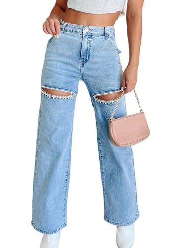Kedera Women High Waist Rhinestone Jeans Loose Fit Pearls Beaded Wide Leg Jeans Denim Trousers