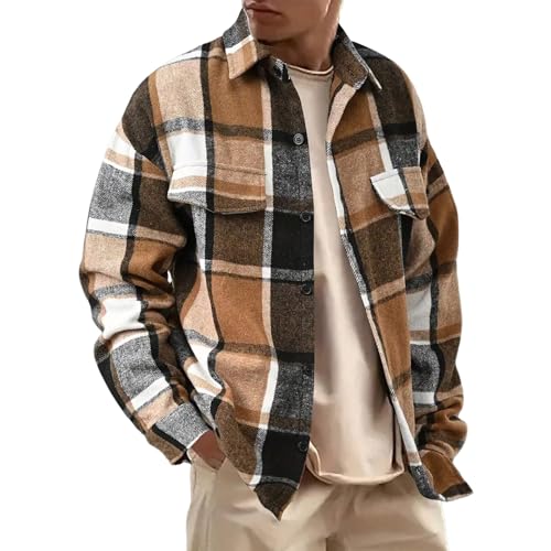 Men's Plaids Shirts Long Sleeve Button Down Casual Cotton Shirt Jacket Vintage Lightweight Shacket Blouse with Pocket